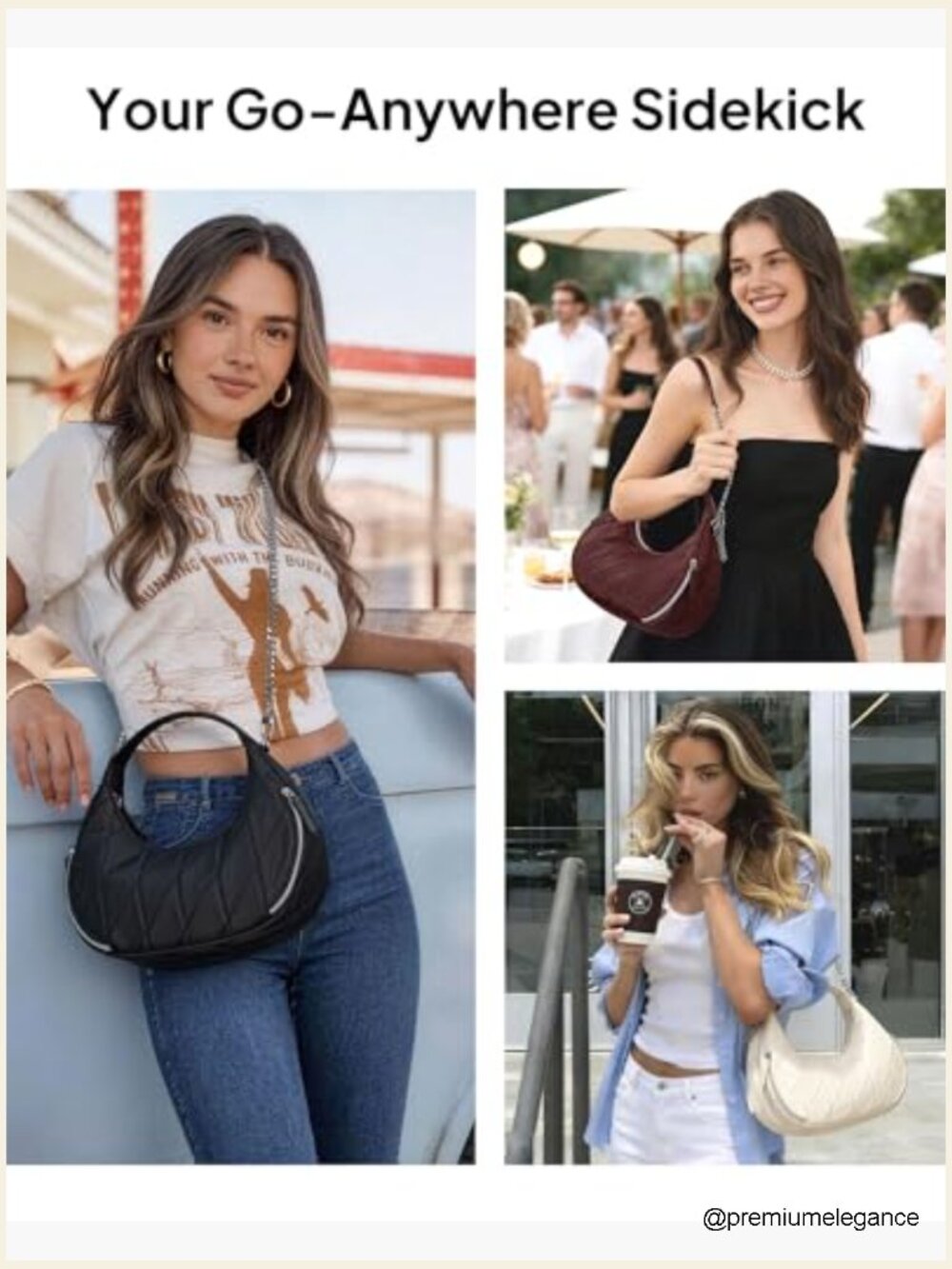 Quilted Nylon Crescent Crossbody Bag with Chain Strap, Lightweight Hobo Purse - Picture 2 of 7